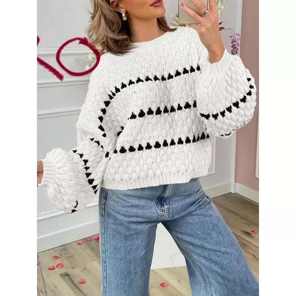 imageSaodimallsu Womens Oversized Sweaters Striped Long Lantern Sleeve Crew Neck Fall Trendy Knit Pullover SweaterWhite