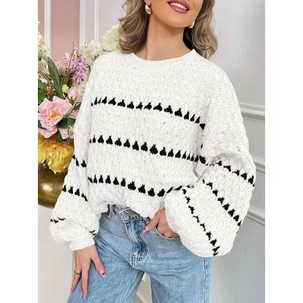 imageSaodimallsu Womens Oversized Sweaters Striped Long Lantern Sleeve Crew Neck Fall Trendy Knit Pullover SweaterWhite