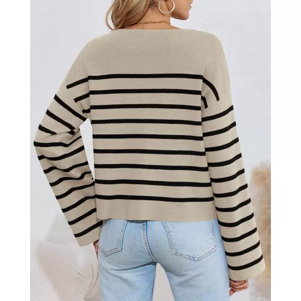 imageSaodimallsu Womens Striped Button Down Cardigan Sweaters Long Sleeve Crew Neck Trendy Knit Sweater JacketBeige