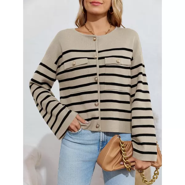 imageSaodimallsu Womens Striped Button Down Cardigan Sweaters Long Sleeve Crew Neck Trendy Knit Sweater JacketBeige