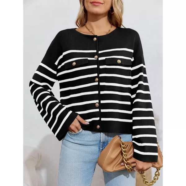 imageSaodimallsu Womens Striped Button Down Cardigan Sweaters Long Sleeve Crew Neck Trendy Knit Sweater JacketBlack