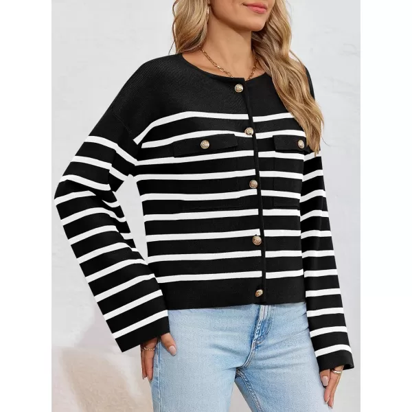 imageSaodimallsu Womens Striped Button Down Cardigan Sweaters Long Sleeve Crew Neck Trendy Knit Sweater JacketBlack