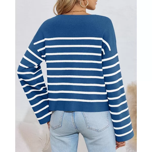 imageSaodimallsu Womens Striped Button Down Cardigan Sweaters Long Sleeve Crew Neck Trendy Knit Sweater JacketBlue