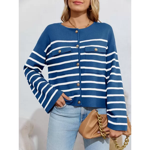 imageSaodimallsu Womens Striped Button Down Cardigan Sweaters Long Sleeve Crew Neck Trendy Knit Sweater JacketBlue