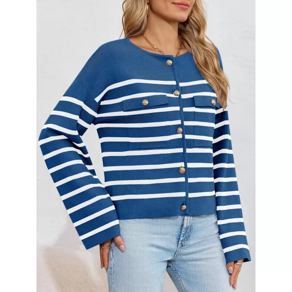 imageSaodimallsu Womens Striped Button Down Cardigan Sweaters Long Sleeve Crew Neck Trendy Knit Sweater JacketBlue