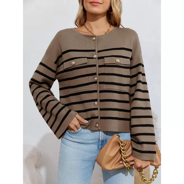 imageSaodimallsu Womens Striped Button Down Cardigan Sweaters Long Sleeve Crew Neck Trendy Knit Sweater JacketBrown