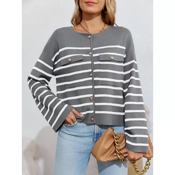 imageSaodimallsu Womens Striped Button Down Cardigan Sweaters Long Sleeve Crew Neck Trendy Knit Sweater JacketGrey