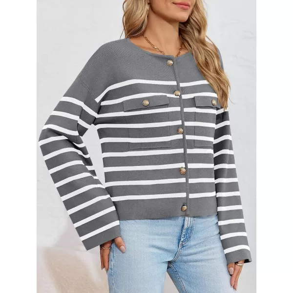 imageSaodimallsu Womens Striped Button Down Cardigan Sweaters Long Sleeve Crew Neck Trendy Knit Sweater JacketGrey