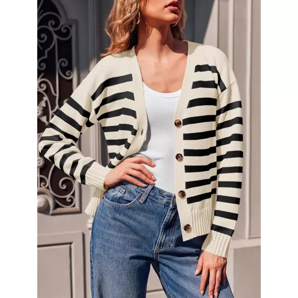 imageSaodimallsu Womens Striped Cardigan Sweaters V Neck Button Down Long Sleeve Open Front Ribbed Knit OuterwearBeige