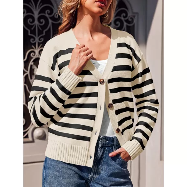 imageSaodimallsu Womens Striped Cardigan Sweaters V Neck Button Down Long Sleeve Open Front Ribbed Knit OuterwearBeige