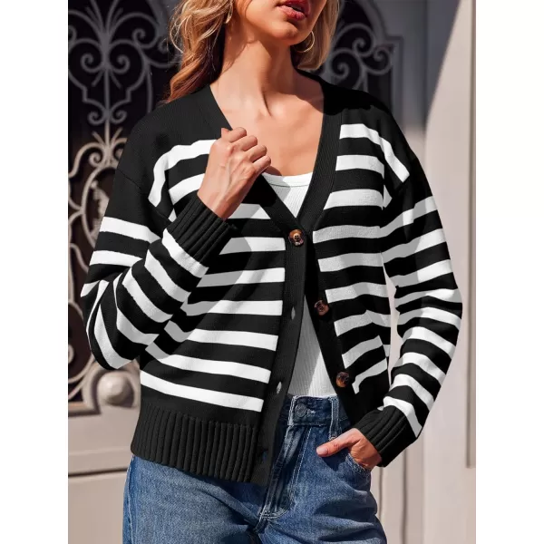 imageSaodimallsu Womens Striped Cardigan Sweaters V Neck Button Down Long Sleeve Open Front Ribbed Knit OuterwearBlack