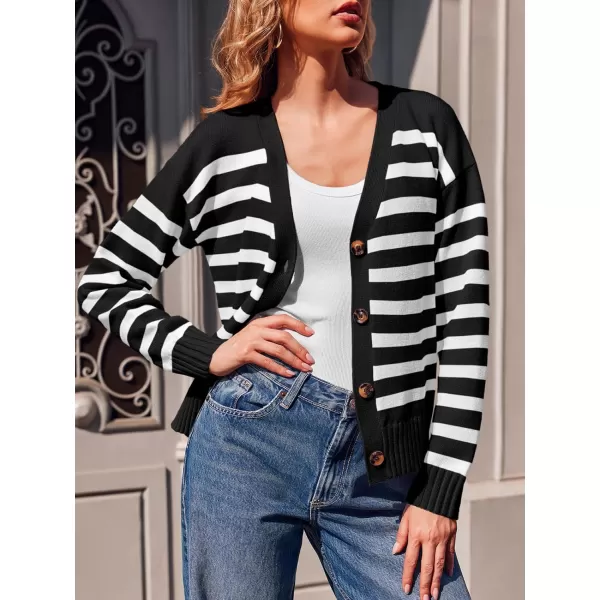 imageSaodimallsu Womens Striped Cardigan Sweaters V Neck Button Down Long Sleeve Open Front Ribbed Knit OuterwearBlack