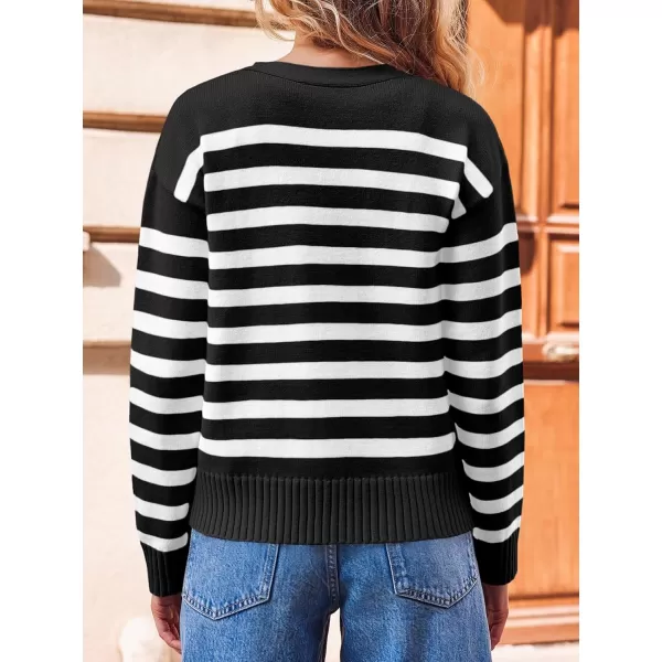 imageSaodimallsu Womens Striped Cardigan Sweaters V Neck Button Down Long Sleeve Open Front Ribbed Knit OuterwearBlack