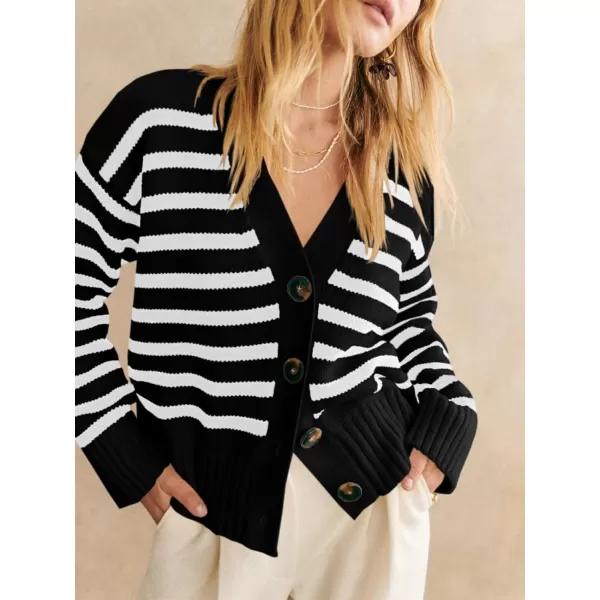 imageSaodimallsu Womens Striped Cardigan Sweaters V Neck Button Down Long Sleeve Open Front Ribbed Knit OuterwearBlack