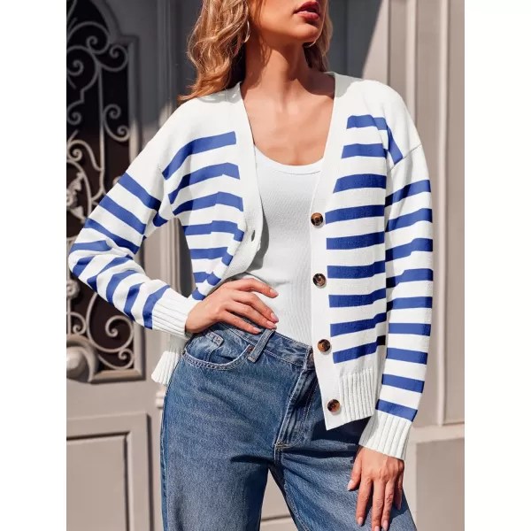 imageSaodimallsu Womens Striped Cardigan Sweaters V Neck Button Down Long Sleeve Open Front Ribbed Knit OuterwearBlue