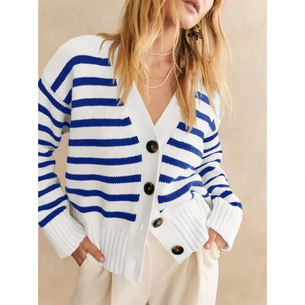 imageSaodimallsu Womens Striped Cardigan Sweaters V Neck Button Down Long Sleeve Open Front Ribbed Knit OuterwearBlue