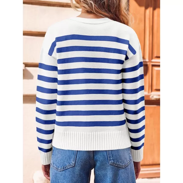 imageSaodimallsu Womens Striped Cardigan Sweaters V Neck Button Down Long Sleeve Open Front Ribbed Knit OuterwearBlue