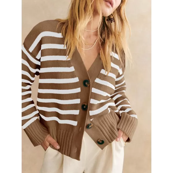 imageSaodimallsu Womens Striped Cardigan Sweaters V Neck Button Down Long Sleeve Open Front Ribbed Knit OuterwearCoffee