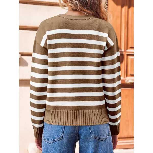 imageSaodimallsu Womens Striped Cardigan Sweaters V Neck Button Down Long Sleeve Open Front Ribbed Knit OuterwearCoffee