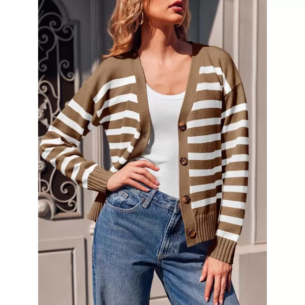 imageSaodimallsu Womens Striped Cardigan Sweaters V Neck Button Down Long Sleeve Open Front Ribbed Knit OuterwearCoffee