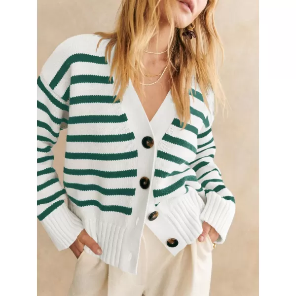 imageSaodimallsu Womens Striped Cardigan Sweaters V Neck Button Down Long Sleeve Open Front Ribbed Knit OuterwearGreen