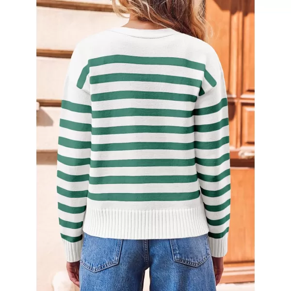 imageSaodimallsu Womens Striped Cardigan Sweaters V Neck Button Down Long Sleeve Open Front Ribbed Knit OuterwearGreen