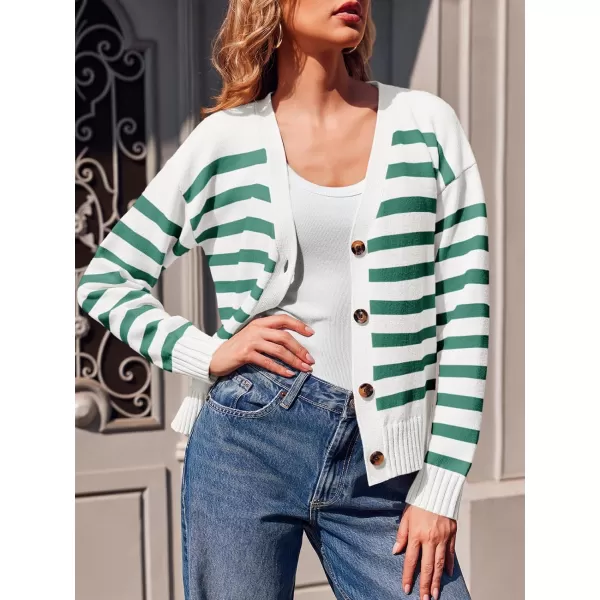 imageSaodimallsu Womens Striped Cardigan Sweaters V Neck Button Down Long Sleeve Open Front Ribbed Knit OuterwearGreen