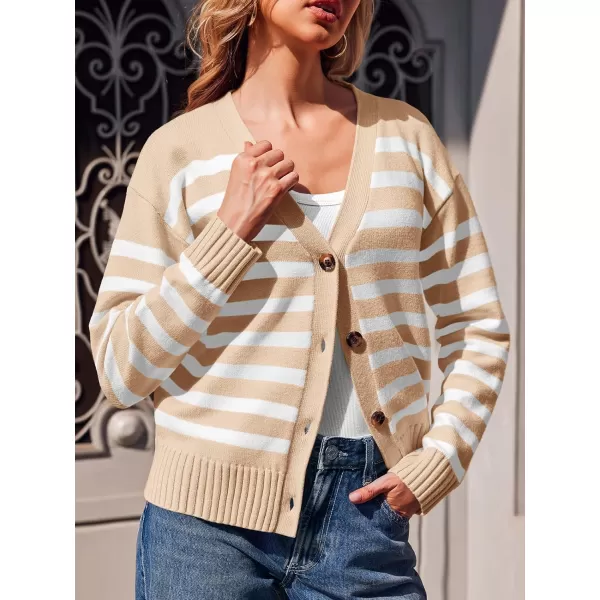 imageSaodimallsu Womens Striped Cardigan Sweaters V Neck Button Down Long Sleeve Open Front Ribbed Knit OuterwearKhaki