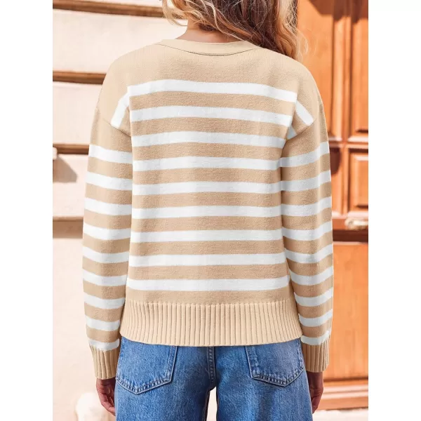 imageSaodimallsu Womens Striped Cardigan Sweaters V Neck Button Down Long Sleeve Open Front Ribbed Knit OuterwearKhaki