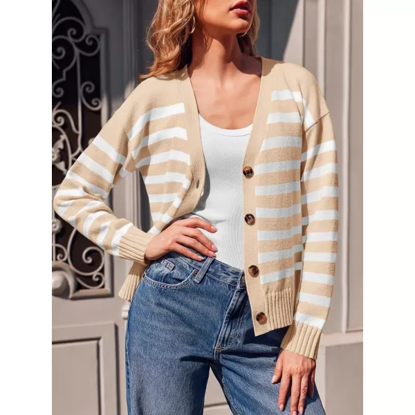 imageSaodimallsu Womens Striped Cardigan Sweaters V Neck Button Down Long Sleeve Open Front Ribbed Knit OuterwearKhaki