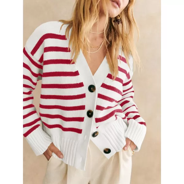 imageSaodimallsu Womens Striped Cardigan Sweaters V Neck Button Down Long Sleeve Open Front Ribbed Knit OuterwearRed