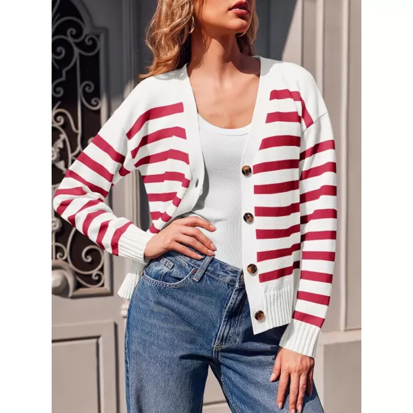 imageSaodimallsu Womens Striped Cardigan Sweaters V Neck Button Down Long Sleeve Open Front Ribbed Knit OuterwearRed