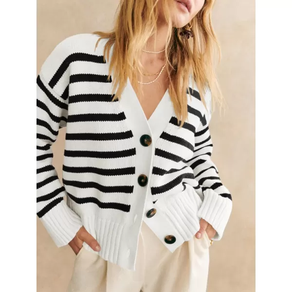 imageSaodimallsu Womens Striped Cardigan Sweaters V Neck Button Down Long Sleeve Open Front Ribbed Knit OuterwearWhite