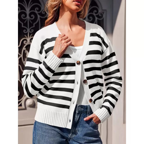 imageSaodimallsu Womens Striped Cardigan Sweaters V Neck Button Down Long Sleeve Open Front Ribbed Knit OuterwearWhite