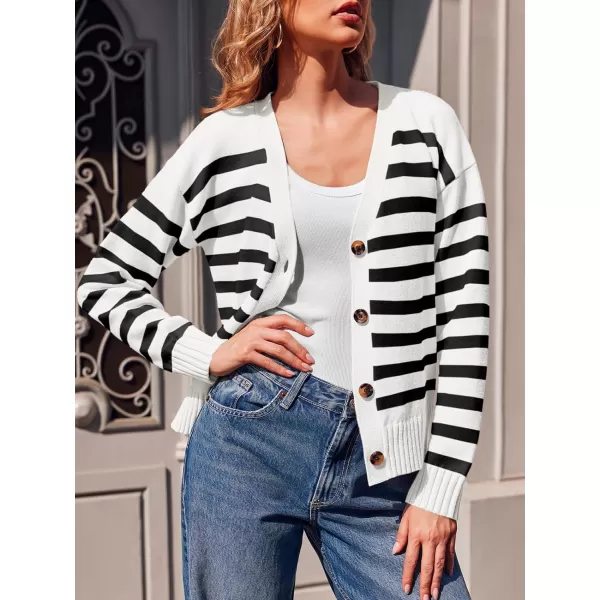 imageSaodimallsu Womens Striped Cardigan Sweaters V Neck Button Down Long Sleeve Open Front Ribbed Knit OuterwearWhite