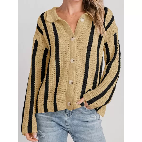 imageSaodimallsu Womens Striped Crochet Cardigan Button Summer Open Front Mesh Knit Long Sleeve V Neck Loose Trendy SweaterBeige