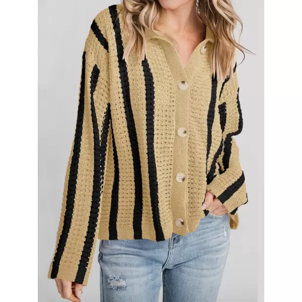 imageSaodimallsu Womens Striped Crochet Cardigan Button Summer Open Front Mesh Knit Long Sleeve V Neck Loose Trendy SweaterBeige