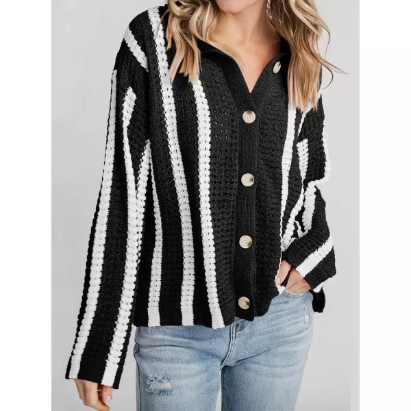 imageSaodimallsu Womens Striped Crochet Cardigan Button Summer Open Front Mesh Knit Long Sleeve V Neck Loose Trendy SweaterBlack