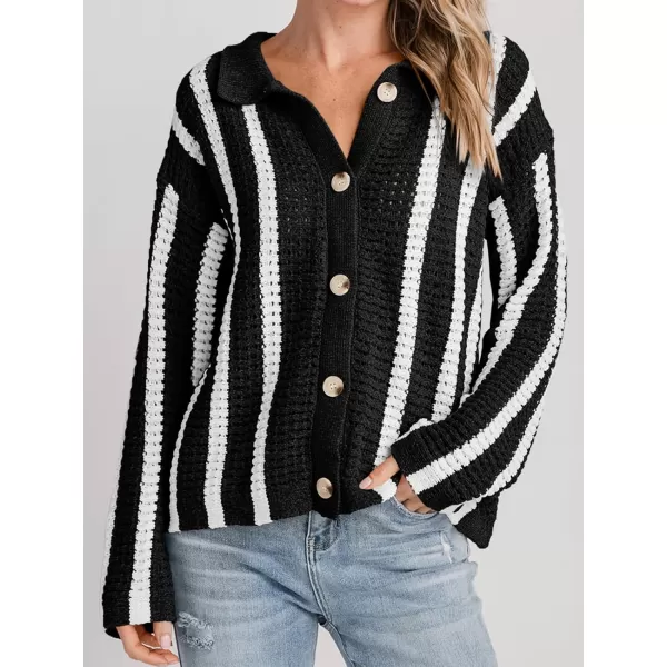 imageSaodimallsu Womens Striped Crochet Cardigan Button Summer Open Front Mesh Knit Long Sleeve V Neck Loose Trendy SweaterBlack