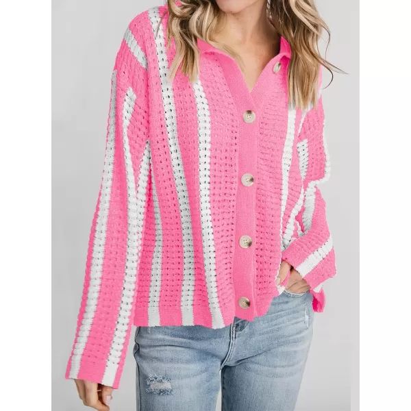 imageSaodimallsu Womens Striped Crochet Cardigan Button Summer Open Front Mesh Knit Long Sleeve V Neck Loose Trendy SweaterPink