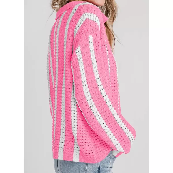 imageSaodimallsu Womens Striped Crochet Cardigan Button Summer Open Front Mesh Knit Long Sleeve V Neck Loose Trendy SweaterPink