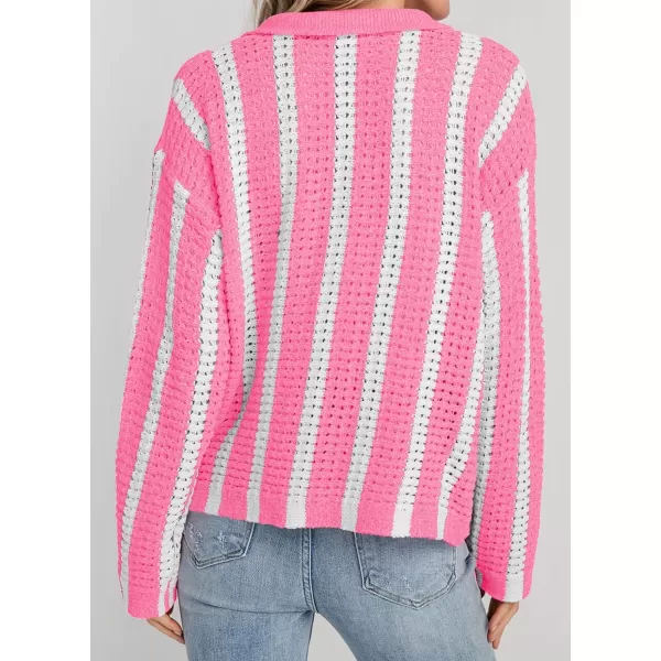 imageSaodimallsu Womens Striped Crochet Cardigan Button Summer Open Front Mesh Knit Long Sleeve V Neck Loose Trendy SweaterPink