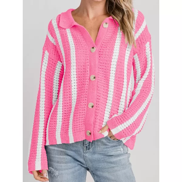 imageSaodimallsu Womens Striped Crochet Cardigan Button Summer Open Front Mesh Knit Long Sleeve V Neck Loose Trendy SweaterPink