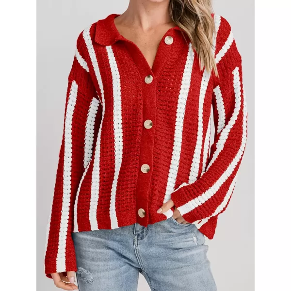 imageSaodimallsu Womens Striped Crochet Cardigan Button Summer Open Front Mesh Knit Long Sleeve V Neck Loose Trendy SweaterRed