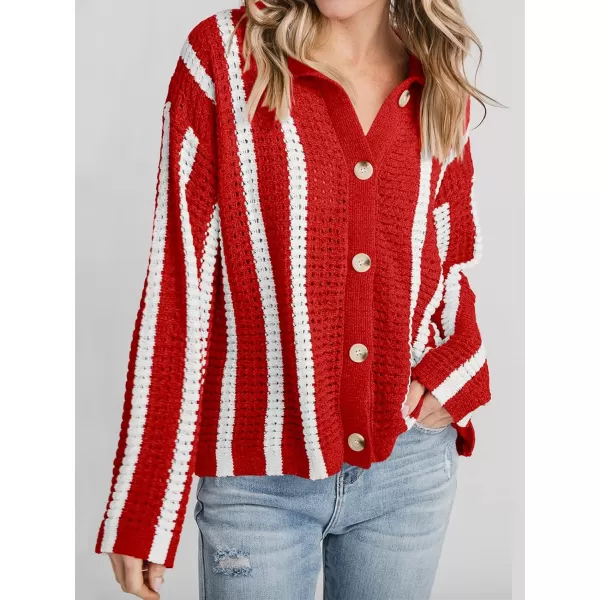 imageSaodimallsu Womens Striped Crochet Cardigan Button Summer Open Front Mesh Knit Long Sleeve V Neck Loose Trendy SweaterRed