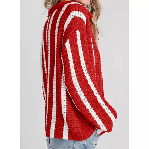 imageSaodimallsu Womens Striped Crochet Cardigan Button Summer Open Front Mesh Knit Long Sleeve V Neck Loose Trendy SweaterRed