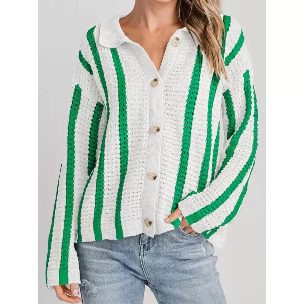 imageSaodimallsu Womens Striped Crochet Cardigan Button Summer Open Front Mesh Knit Long Sleeve V Neck Loose Trendy SweaterWhite