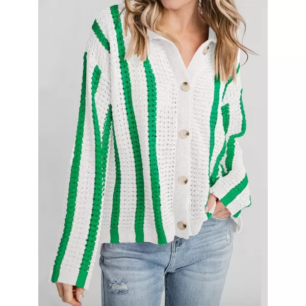 imageSaodimallsu Womens Striped Crochet Cardigan Button Summer Open Front Mesh Knit Long Sleeve V Neck Loose Trendy SweaterWhite