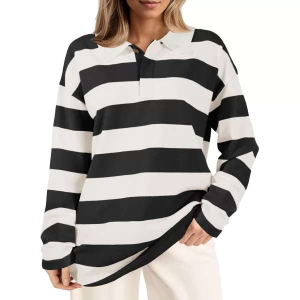 imageSaodimallsu Womens Striped Sweater Collared Color Block Long Sleeve Button Knit Tunic TopsBlack