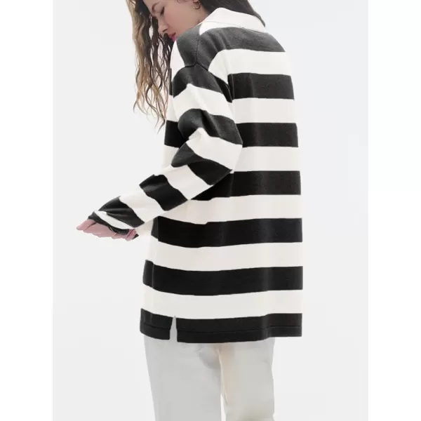 imageSaodimallsu Womens Striped Sweater Collared Color Block Long Sleeve Button Knit Tunic TopsBlack